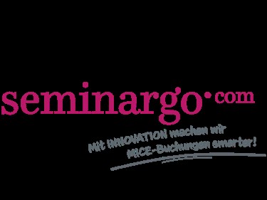 Logo von seminargo.com mit pinker Schrift und dem Claim zur innovativen MICE-Buchung.
